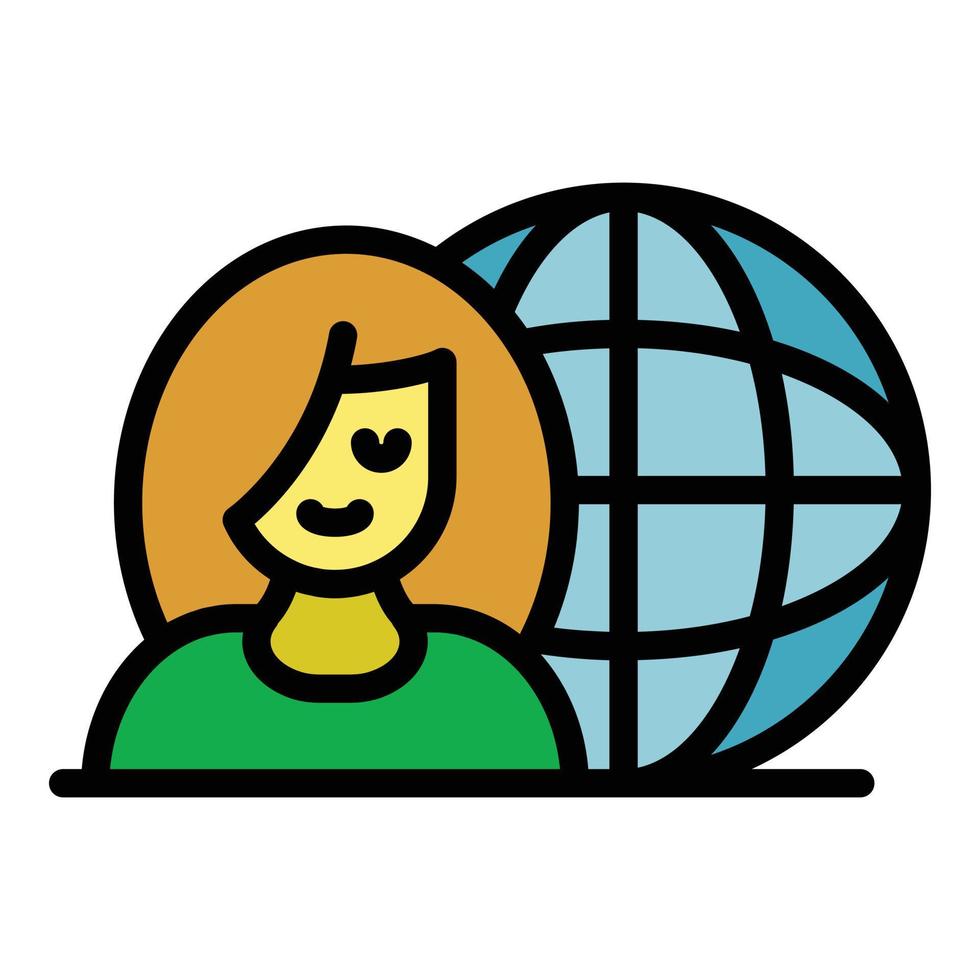 Girl and globe icon color outline vector