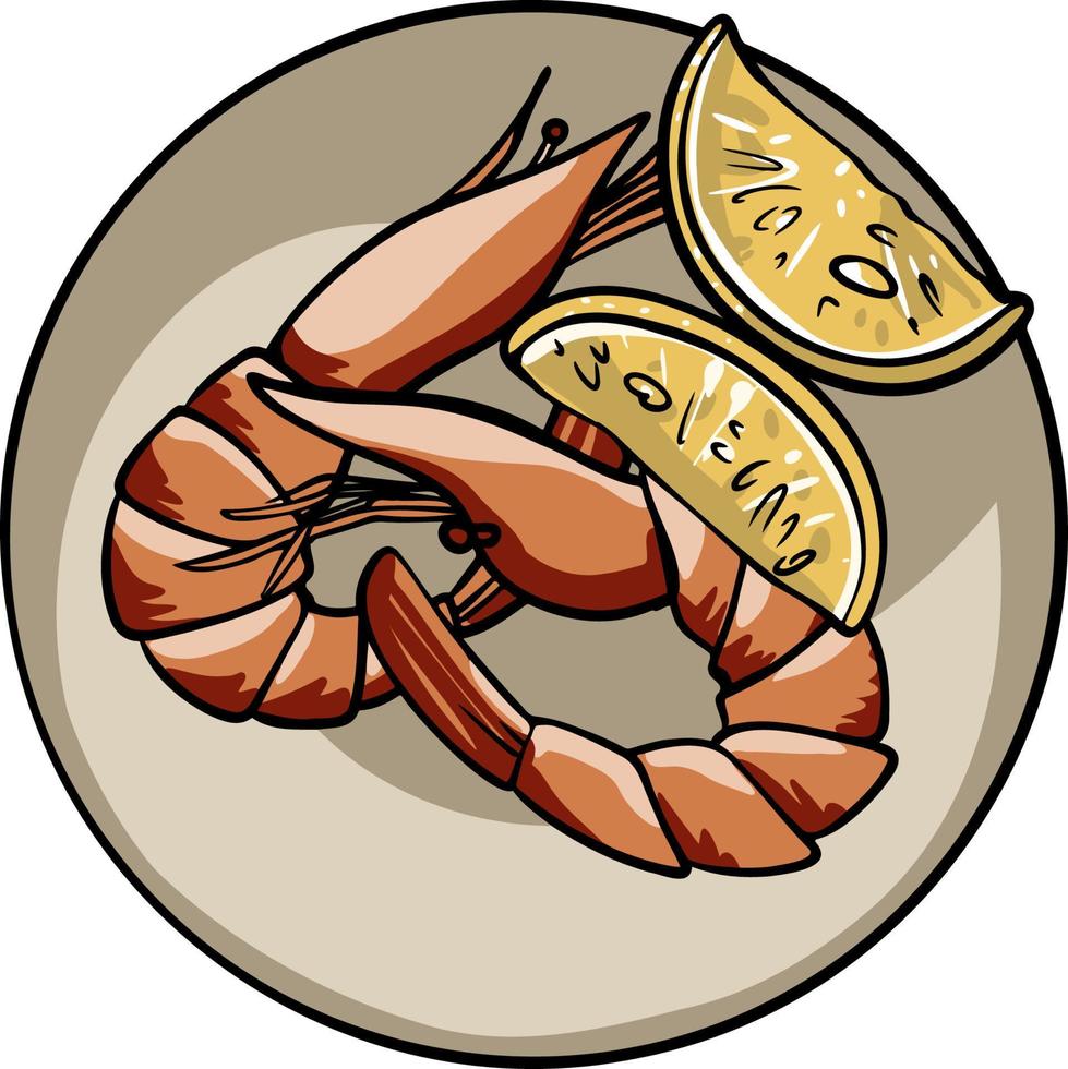 Shrimp on a plate with lemon. Icon of shrimps with lemon on a plate. Top view. Restaurant dish. Seafood. Image of prawn. Vector illustration