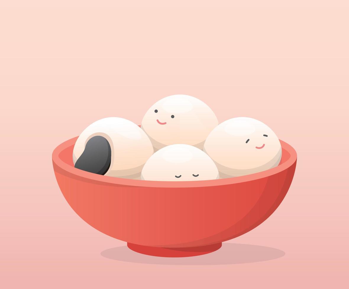 A bowl of glutinous rice balls with playful and cute expressions and mascots, glutinous rice sweets in Asia, traditional dim sum for Lantern Festival or Winter Solstice vector