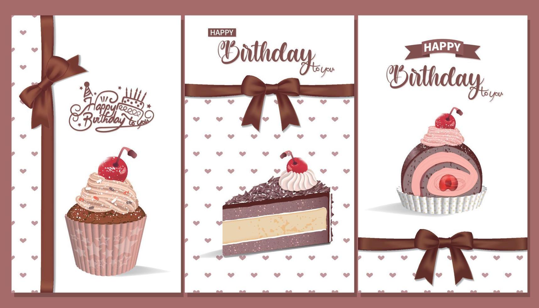 Birthday card with set of cherry chocolate desserts with bow ribbons vector