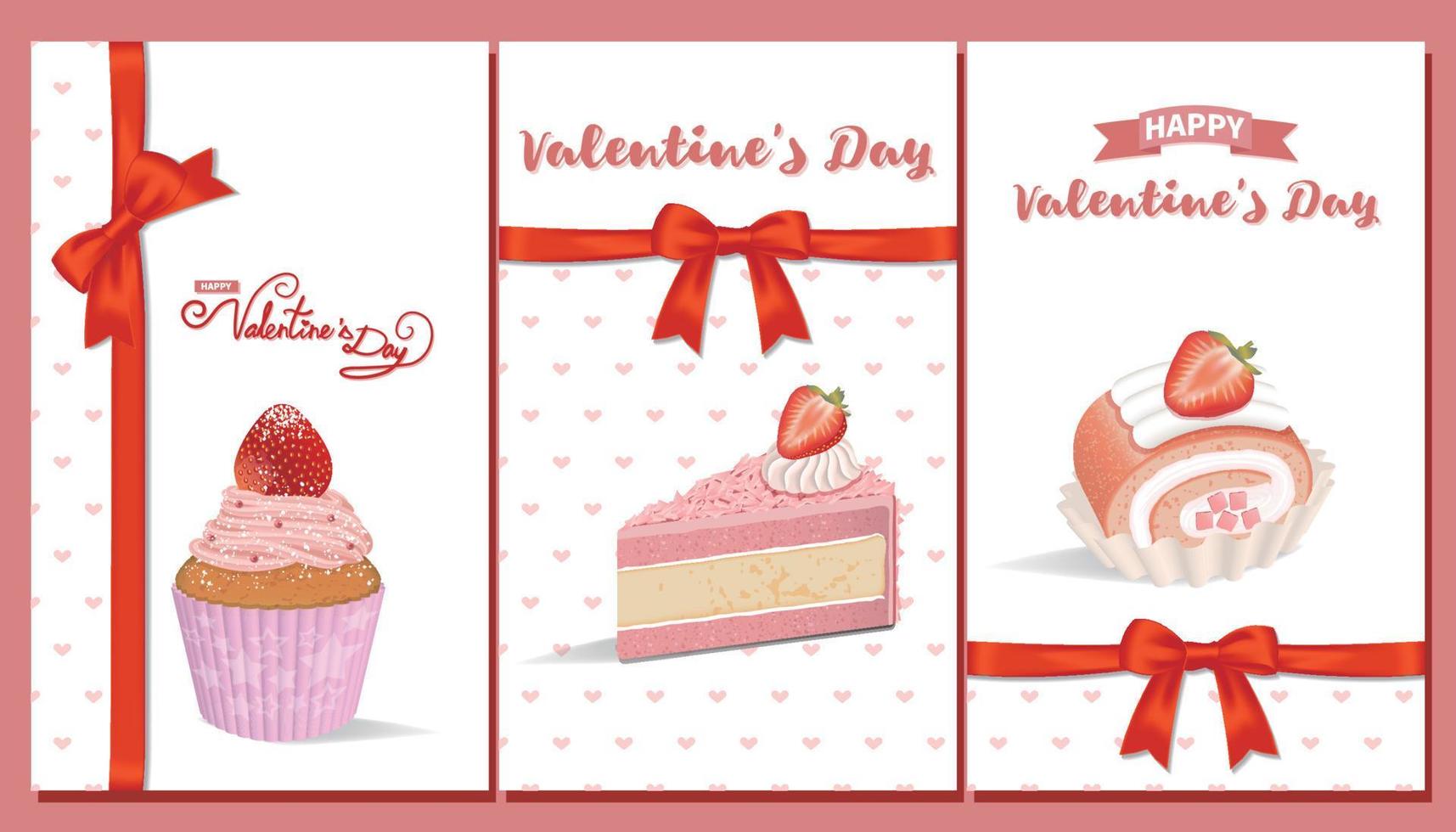 Valentine's day card with a set of strawberry desserts with red ribbons vector