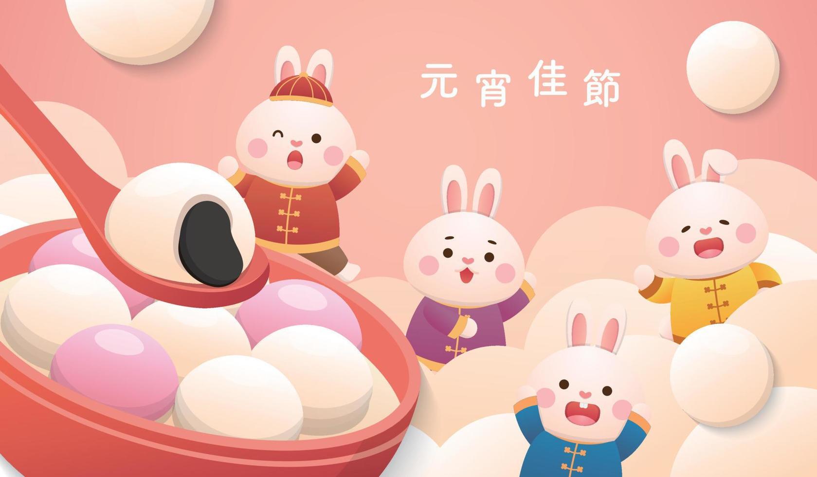 Cute rabbit character or mascot, Lantern Festival or Winter Solstice with glutinous rice balls, glutinous rice sweet food in Asia vector