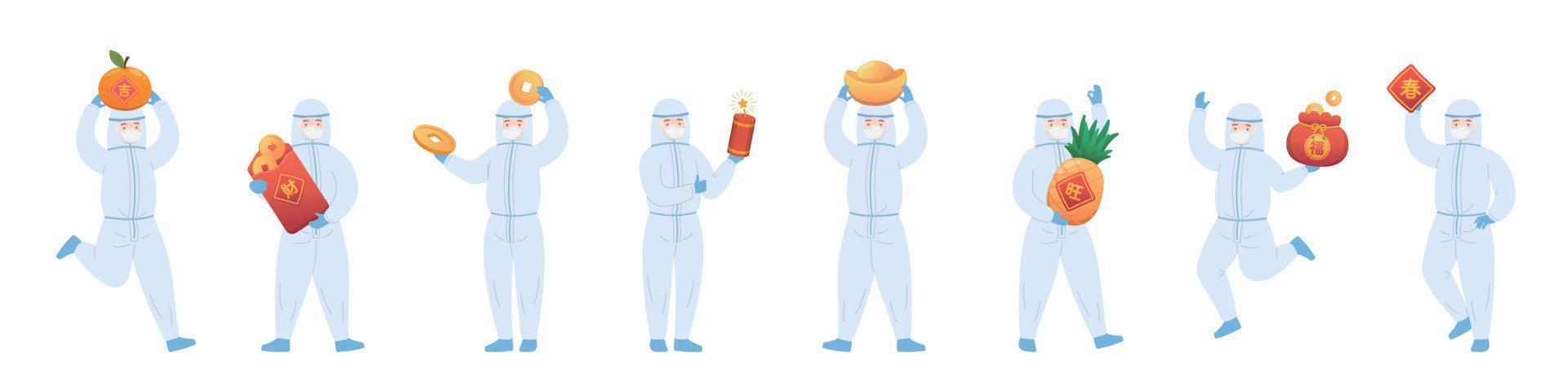 Nursing staff or doctors or scientists or medical experts team with protective clothing and Chinese New Year elements vector