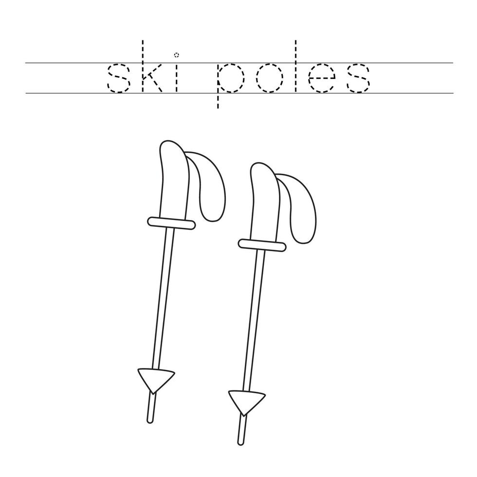 Trace the letters and color cartoon ski poles. Handwriting practice for kids. vector