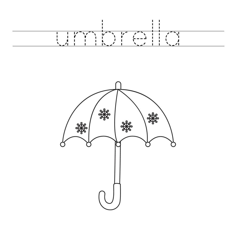 Trace the letters and color cartoon umbrella. Handwriting practice for kids. vector