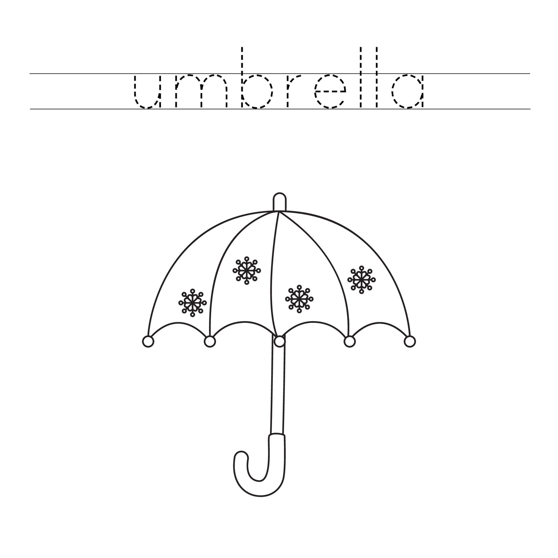 Trace the letters and color cartoon umbrella. Handwriting practice for