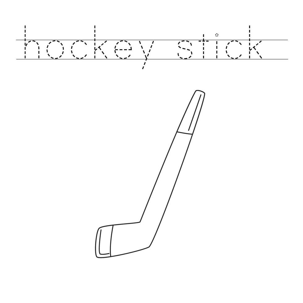 Trace the letters and color cartoon hockey stick. Handwriting practice for kids. vector