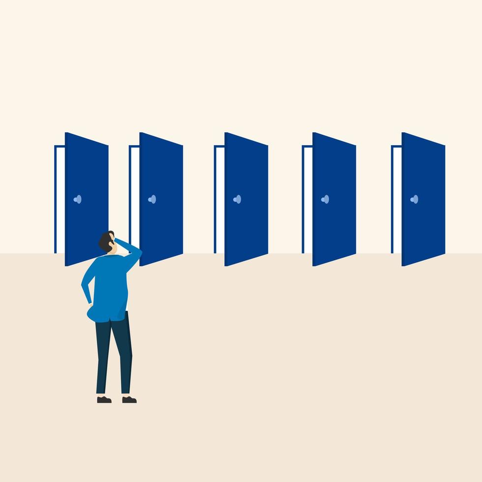 businessman thinking to choose the right door. Choosing options, alternative paths, deciding on a new job or selecting important opportunities, making decisions for career opportunities. vector