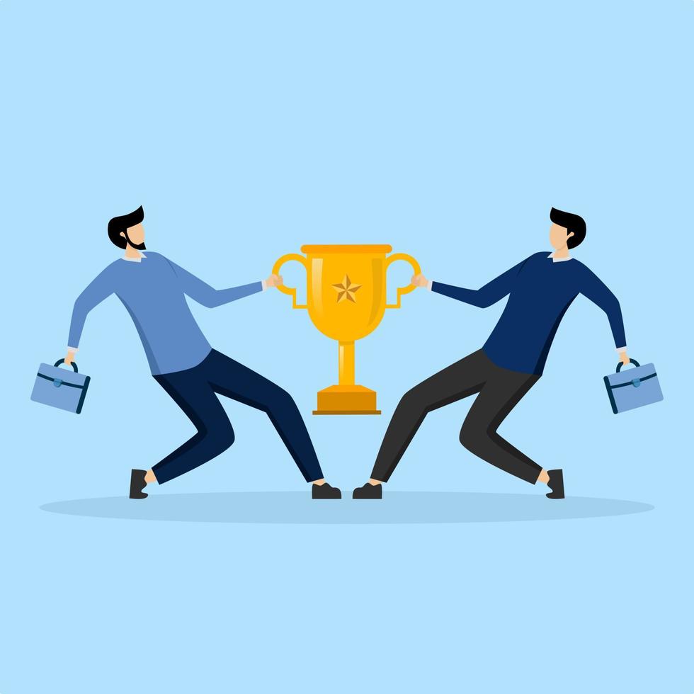 angry coworkers fighting pulling golden trophy metaphor from job promotion position. Staff conflict or employee argument, fighting for job promotion or jealous coworker concept. vector