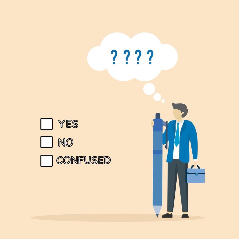 businessman holding pencil decides to agree consent question. Consent document to vote, yes or no, accept or approve permission, answer yes or no, decide later, business agreement concept. vector