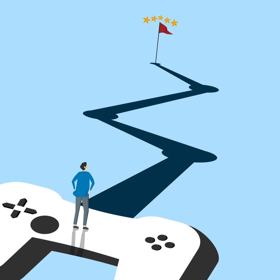 businessman standing on joystick climbing looking at journey to reach target. business or marketing strategy using game challenges, achievements to engage with customers, win motivation. vector