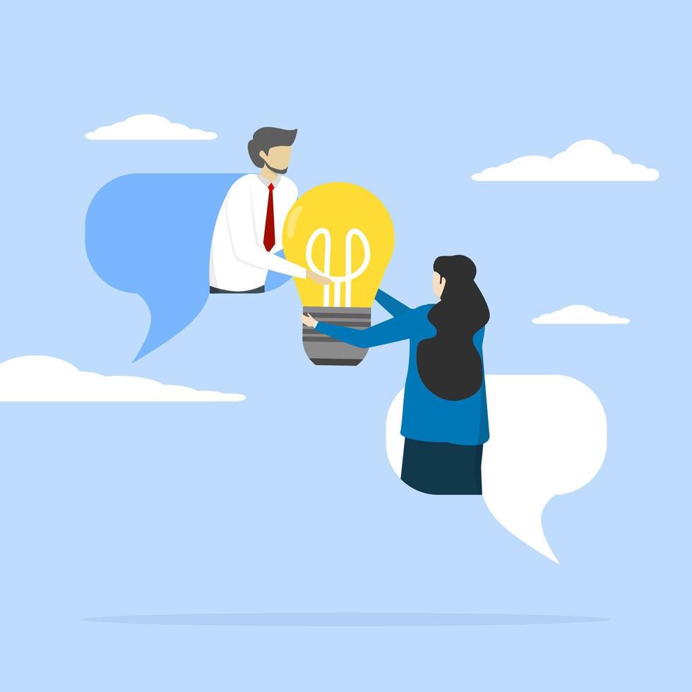 coworkers standing in speech bubbles talking about new ideas. Business communication, work discussion or conversation to collect new ideas concept, business people. vector