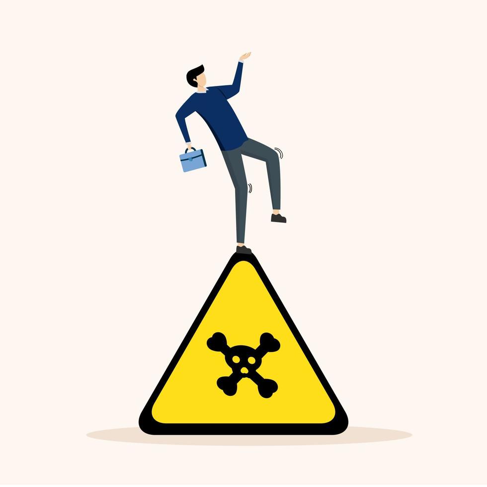 Careful businessman slip falling on caution skull symbol, Caution caution, business risk or trouble warning, failure prevention or avoid hazard concept, caution sign. vector