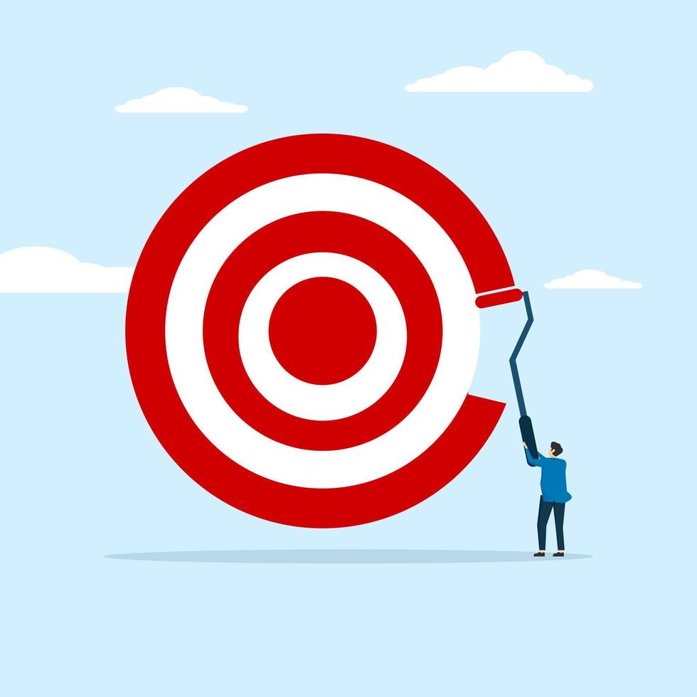 ambitious businessman with paint roller to paint big dartboard, archery target Goal, set business goal or target, KPI, key performance indicator or set goal and achievement concept. vector