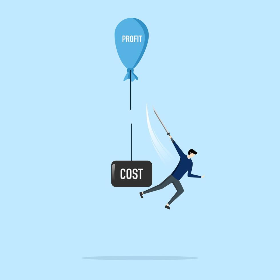 Entrepreneurs wield the sword to cut heavy cost burdens and let the profits run. Cost reduction, cutting costs to increase profits, increase business profitability by reducing costs. vector