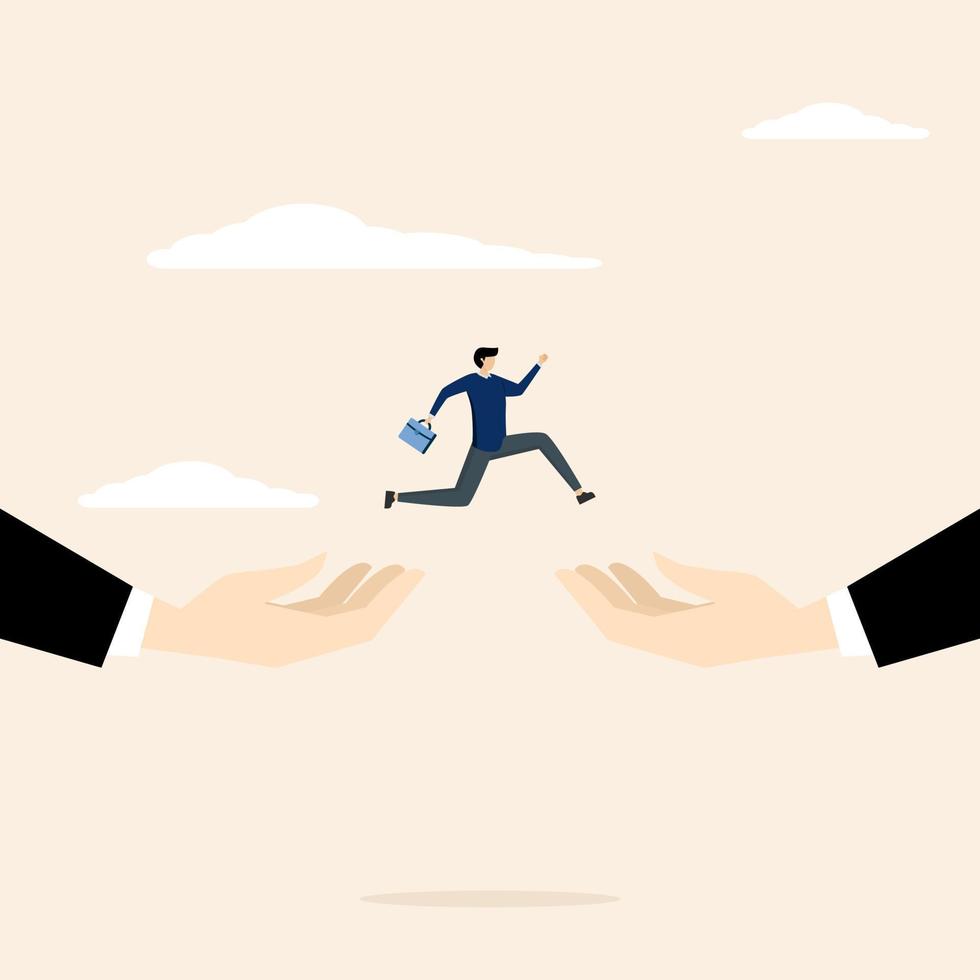 confident businessman jumping from giant hands to new place. Changing jobs or careers, getting out of toxic positions, the concept of improvement, determination and courage to change to a better place vector