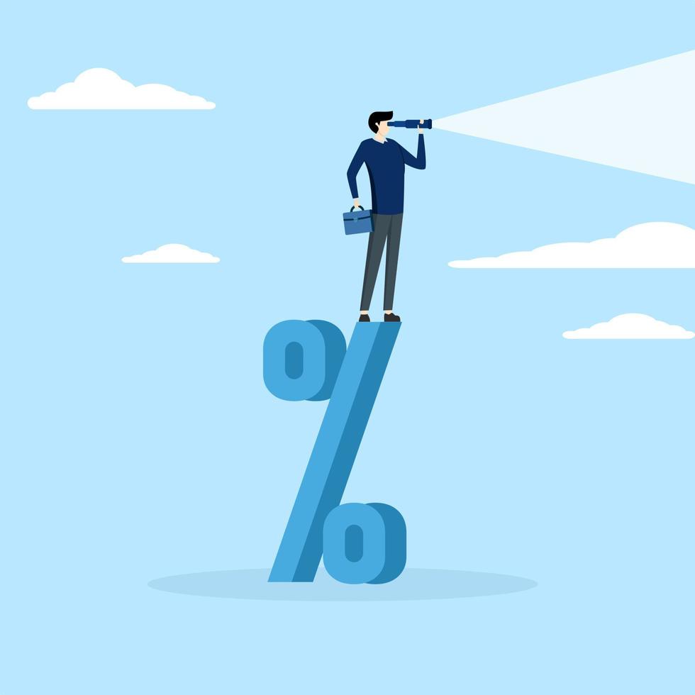 Confident businessman standing on percentage sign looking at vision in telescope. Interest rate forecast, seeking profit investment or bank loan repayment concept, FED and central bank financial polic vector