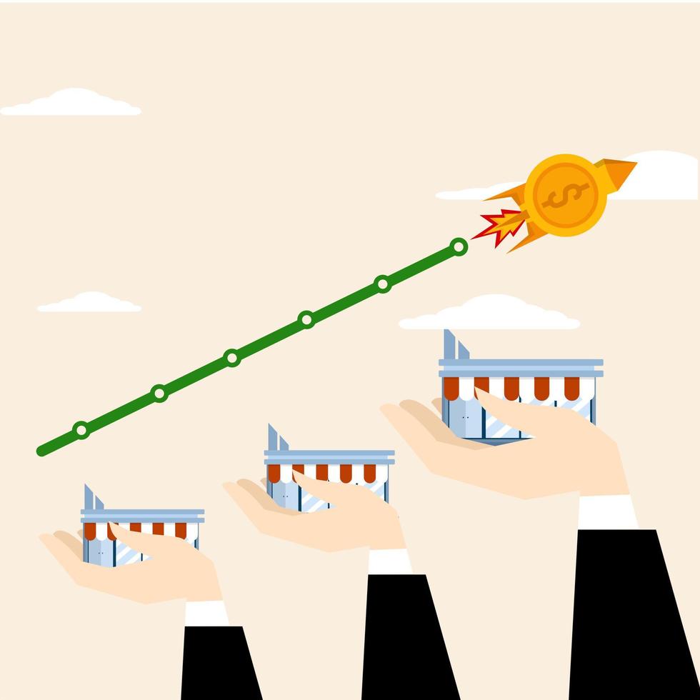 A profitable business is described as a coin rocket hurtling its way to a larger franchised store. fast growing business, business growth opportunity, improve retail store and achieve success. vector