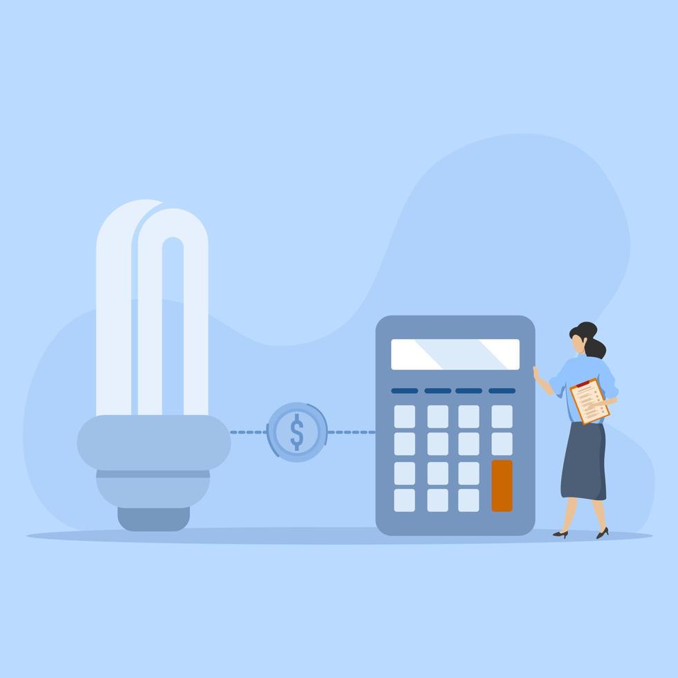 sustainability illustration. Characters calculating energy consumption at home, energy saving appliances and using energy saving light bulbs. green energy and power saving concept. Vector illustration