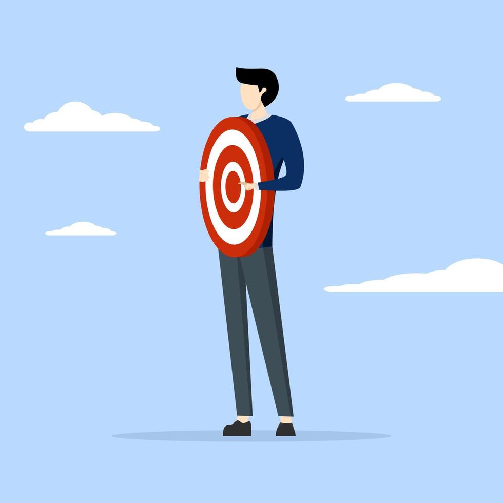 Businessman holding archer target or dash pointing at target. Focus on business targets, setting goals for motivation, target audience for advertising or goals for career development concept. vector