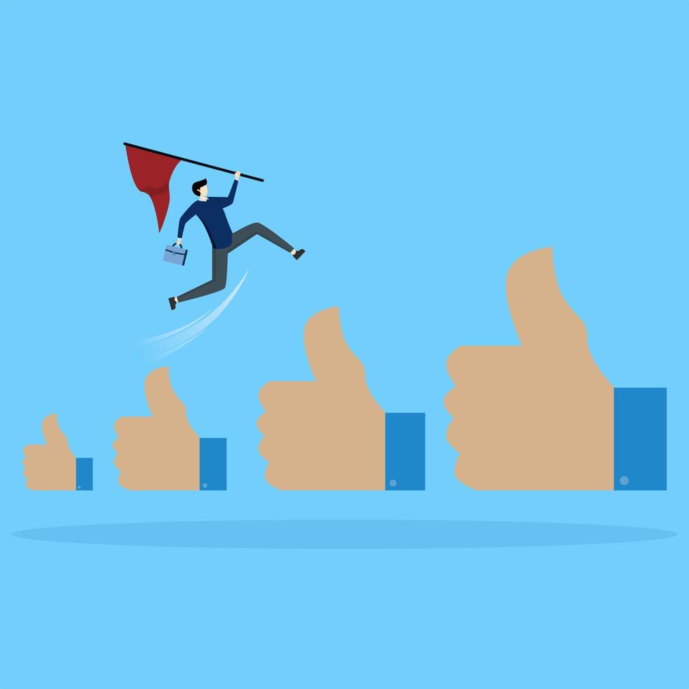 happy businessman holding winner flag jumping up growing thumbs up sign. Career growth development, reward or praise for successful employee concept, achievement, job advancement or promotion. vector