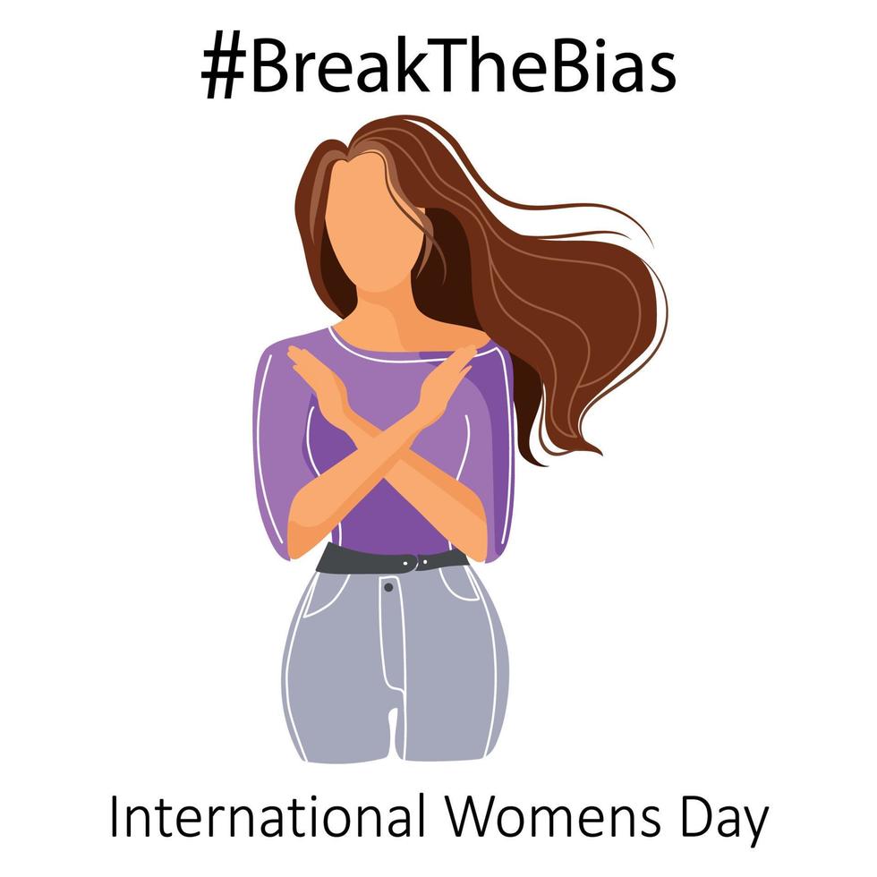 International Women's Day concept,BreakTheBias campaign.Young woman with crossed arms,modern flat style vector illustration.Stand up against discrimination and stereotype.Raise awareness against bias.