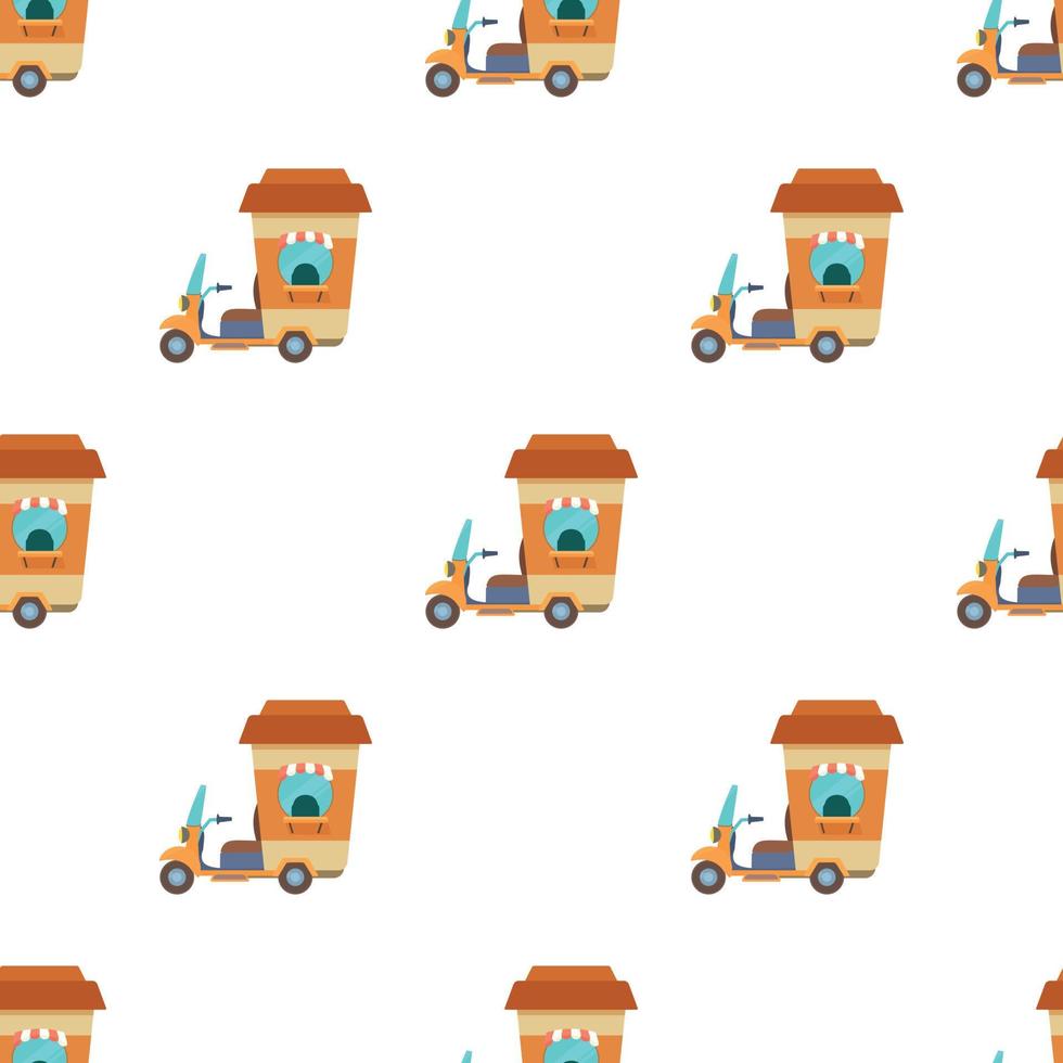 Fast food trolley motorbike with coffee cup pattern seamless vector