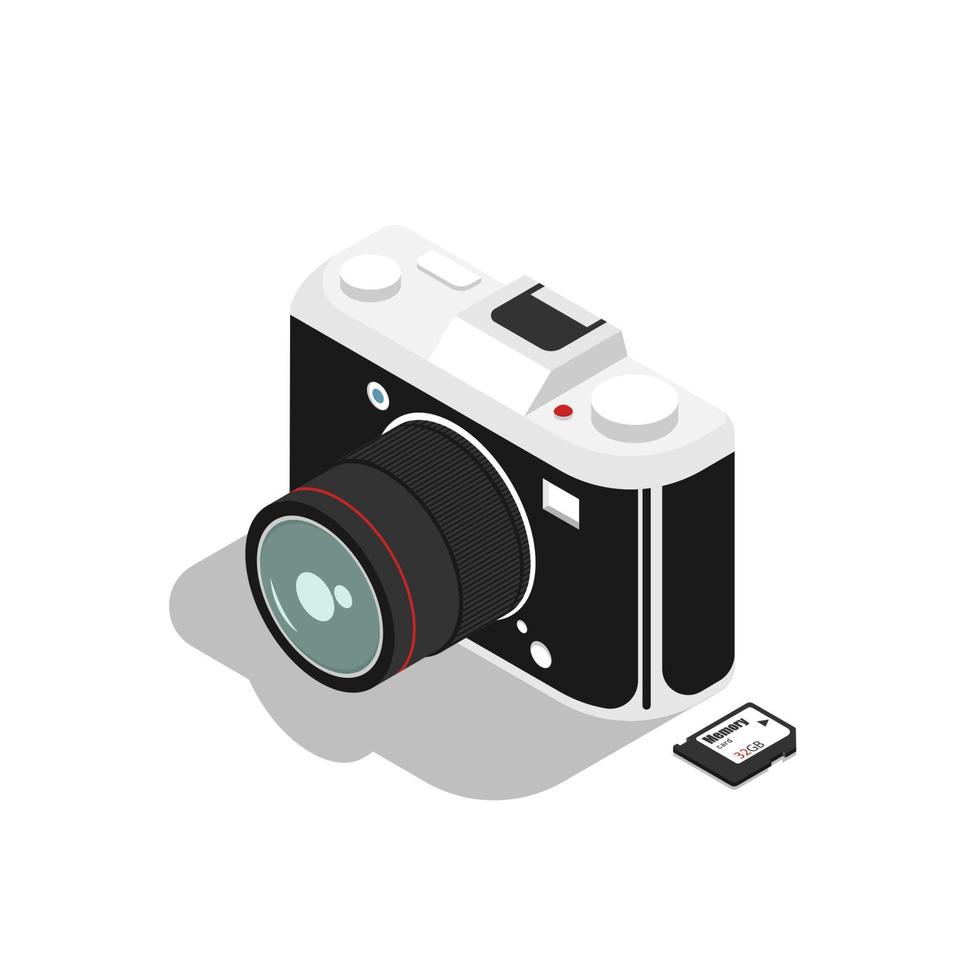 Digital camera isometric design with memory card, Vector illustration.