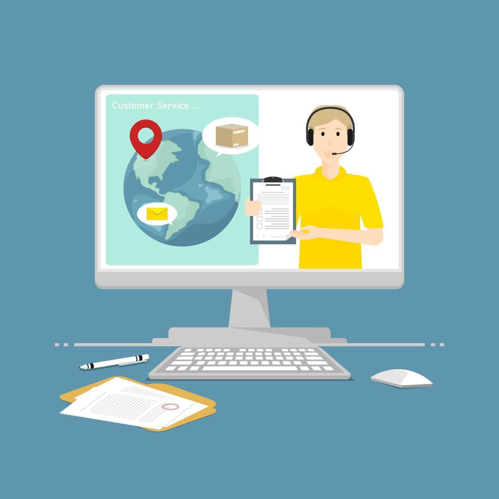 sistema de gestión de entrega en línea, personal del servicio de relaciones públicas en línea en una computadora portátil, ilustración de marketing digital. vector