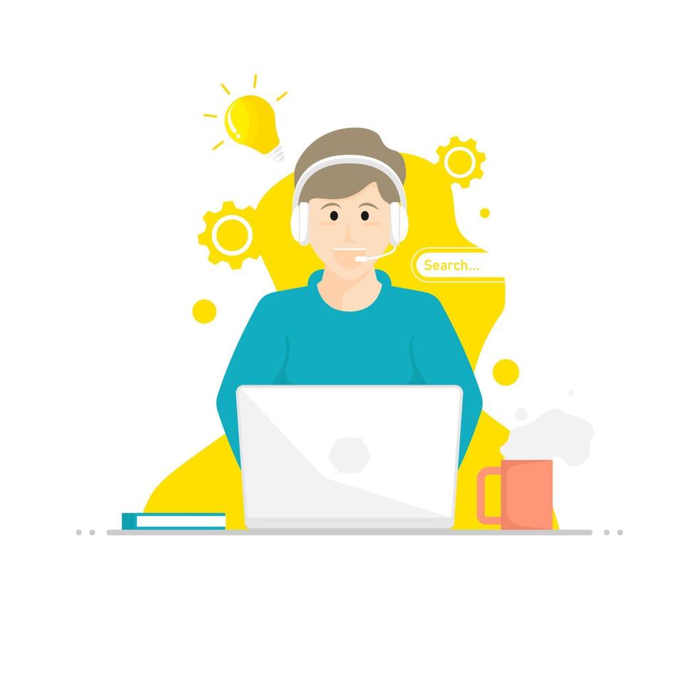 Cartoon young man design with laptop, Search ideas and creativity online, Vector illustration.