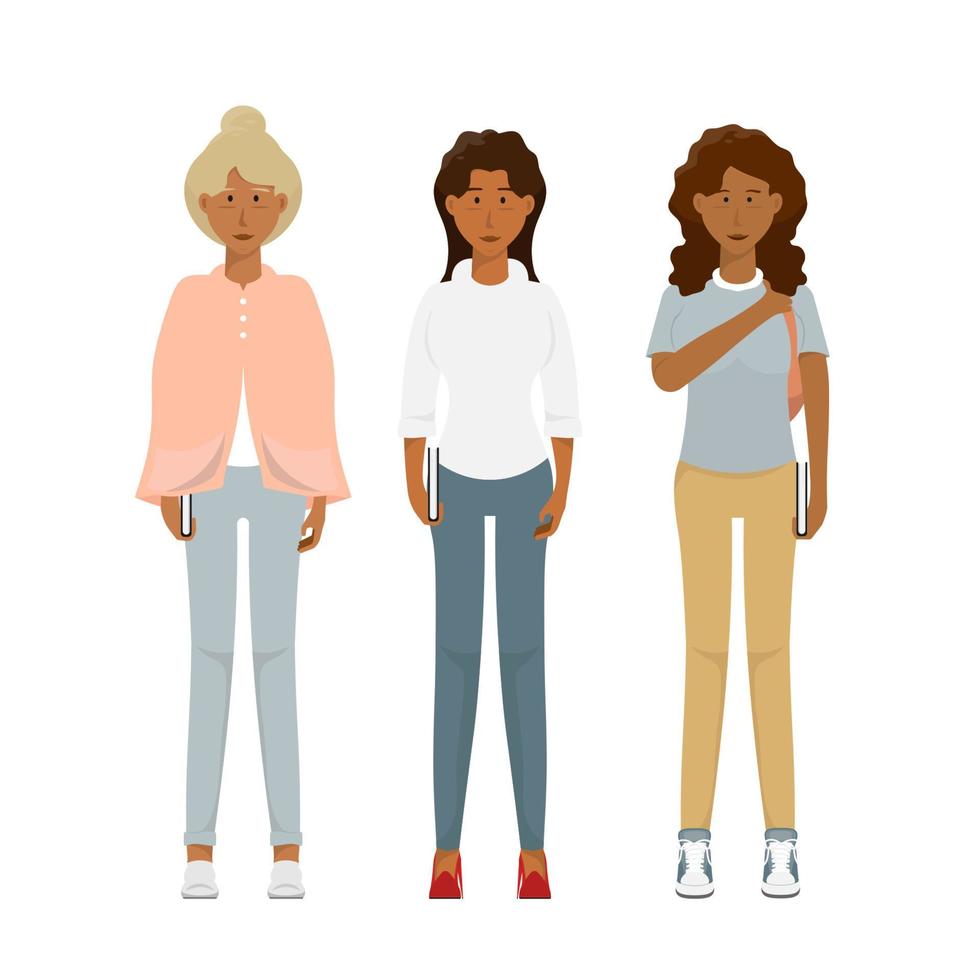 diseño humano estudiante universitario de dibujos animados, mujeres jóvenes africanas o americanas de pie, ilustración vectorial. vector