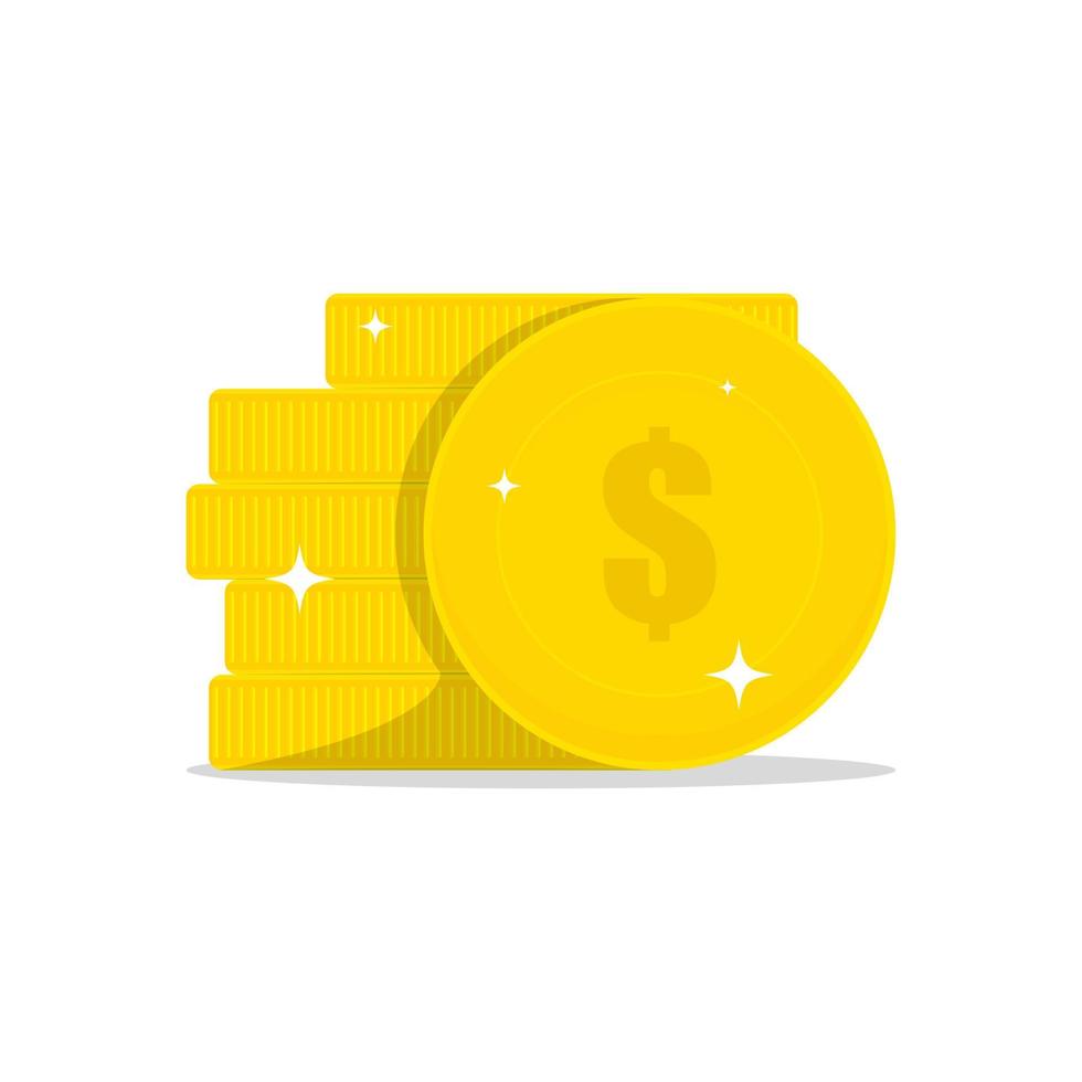 Gold coins stack with coin in front, Vector flat illustration isolated on white background.