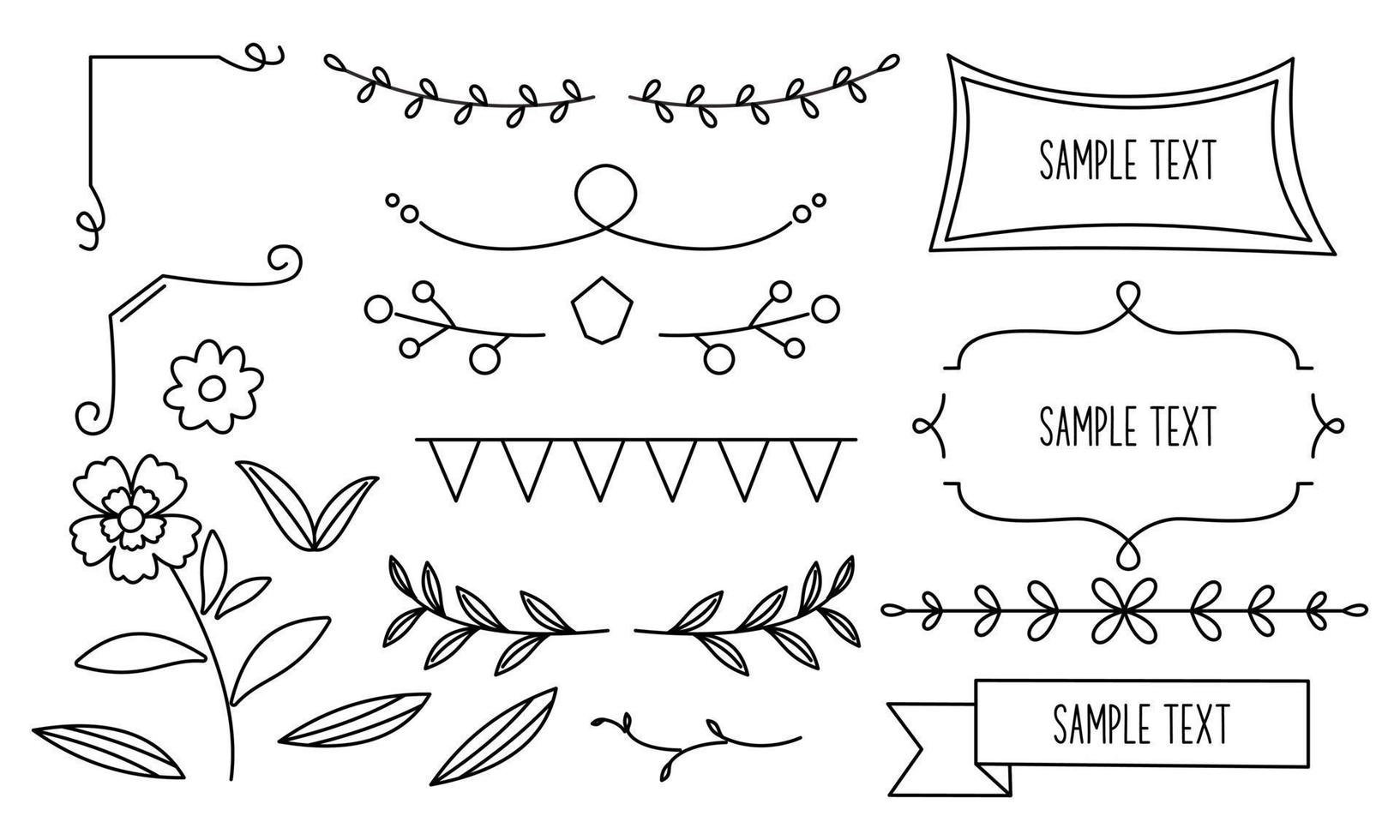 Retro line drawing frames, ribbons, florals,decorations and plants vector