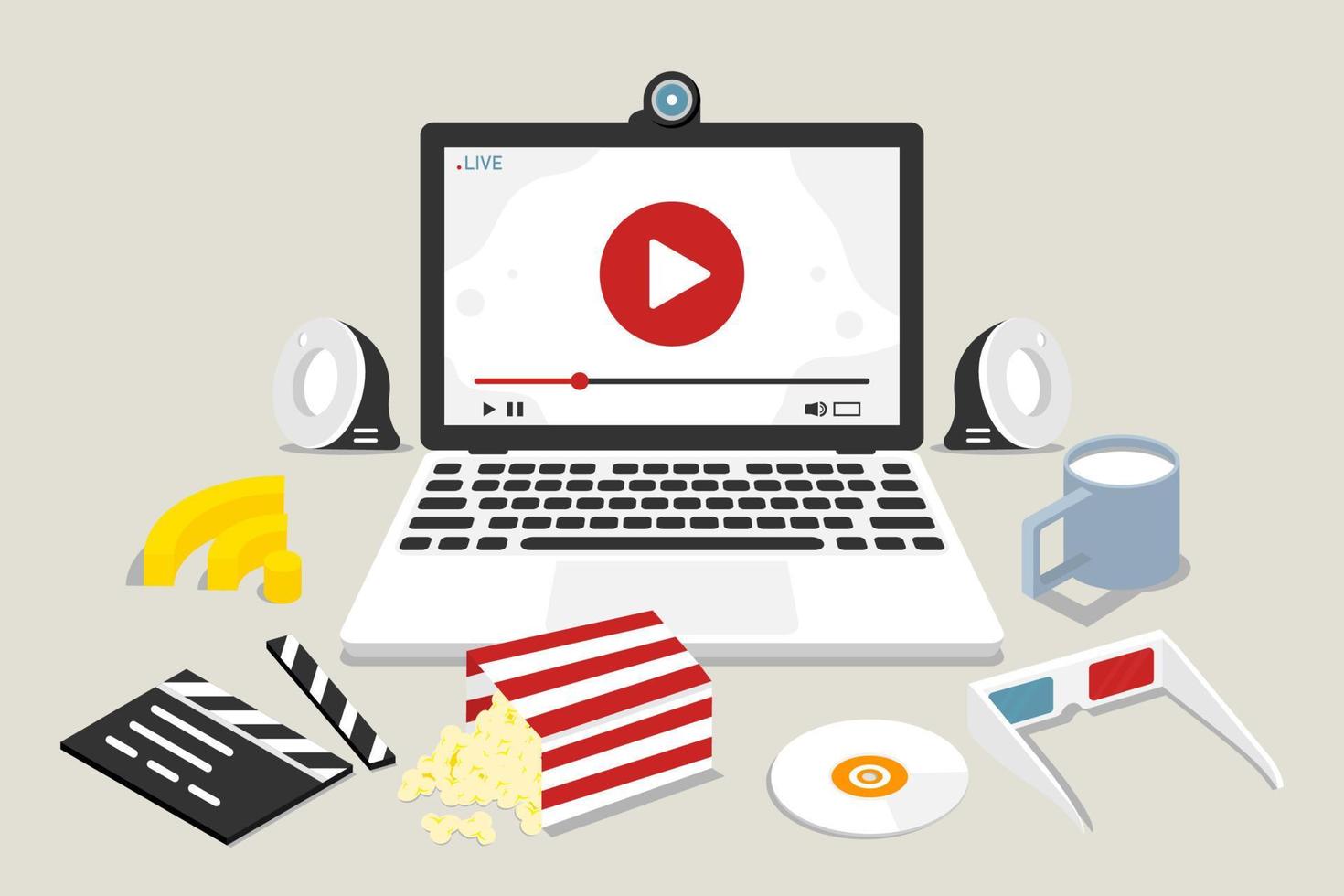 Online entertainment live video streaming on laptop, Digital marketing illustration. vector