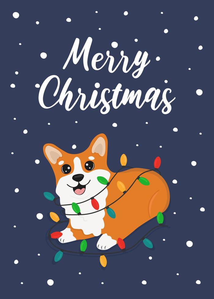 tarjeta de navidad con corgi y guirnaldas de colores. texto de saludo feliz navidad. hermosa ilustración para tarjetas de felicitación, carteles y diseño de temporada. vector