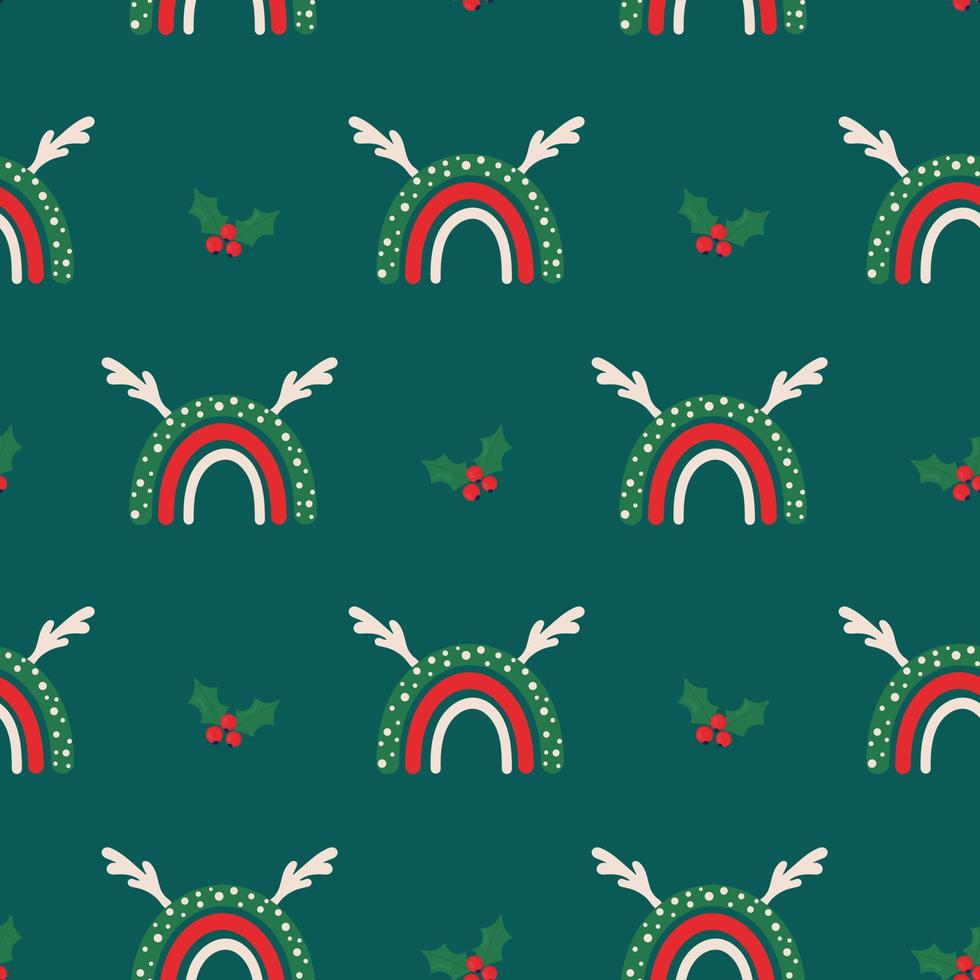 Seamless christmas pattern. Background with rainbow, mistletoe. Perfect for wrapping paper, greeting cards, textile vector