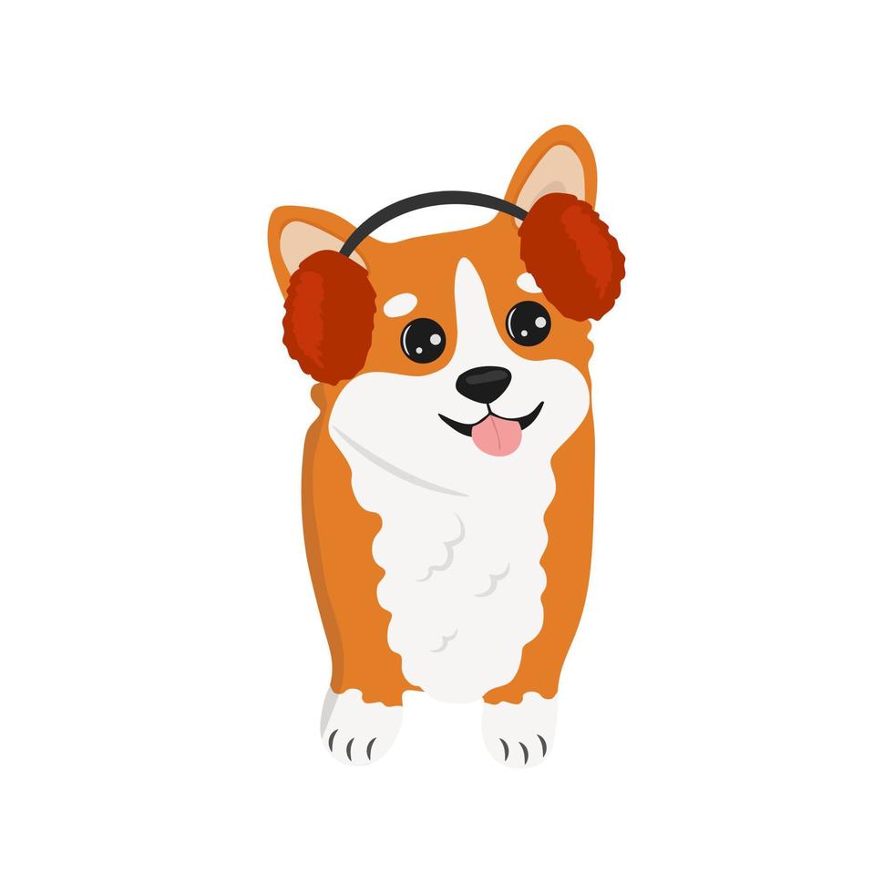 corgi en orejeras. ilustración de dibujos animados de vector de perro corgi. Lindo cachorro corgi galés amistoso, aislado sobre fondo blanco.