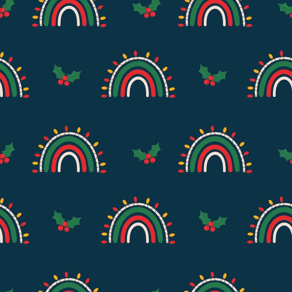 patrón de Navidad sin costuras. fondo con arco iris, muérdago. perfecto para envolver papel, tarjetas de felicitación, textiles vector