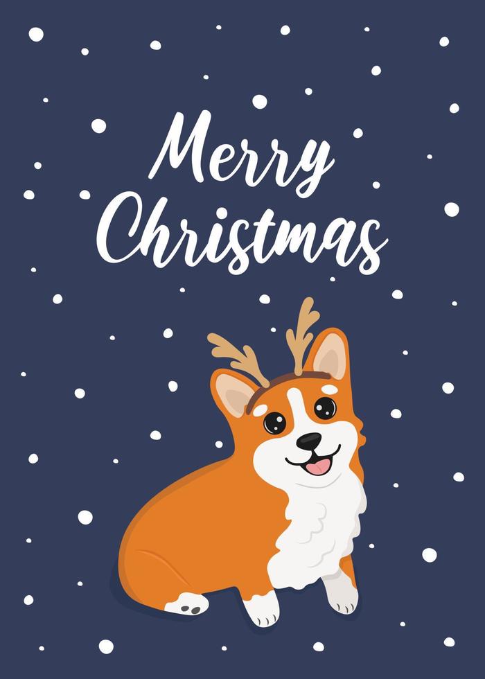 Christmas card with corgi in deer horns. Greeting text Merry Christmas. Beautiful illustration for greeting cards, posters and  seasonal design. vector