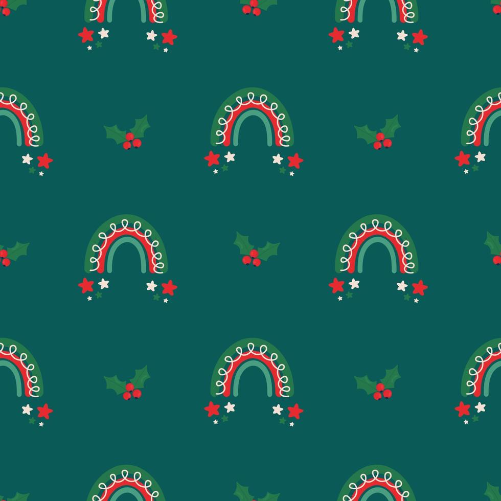 Seamless christmas pattern. Background with rainbow, mistletoe. Perfect for wrapping paper, greeting cards, textile vector