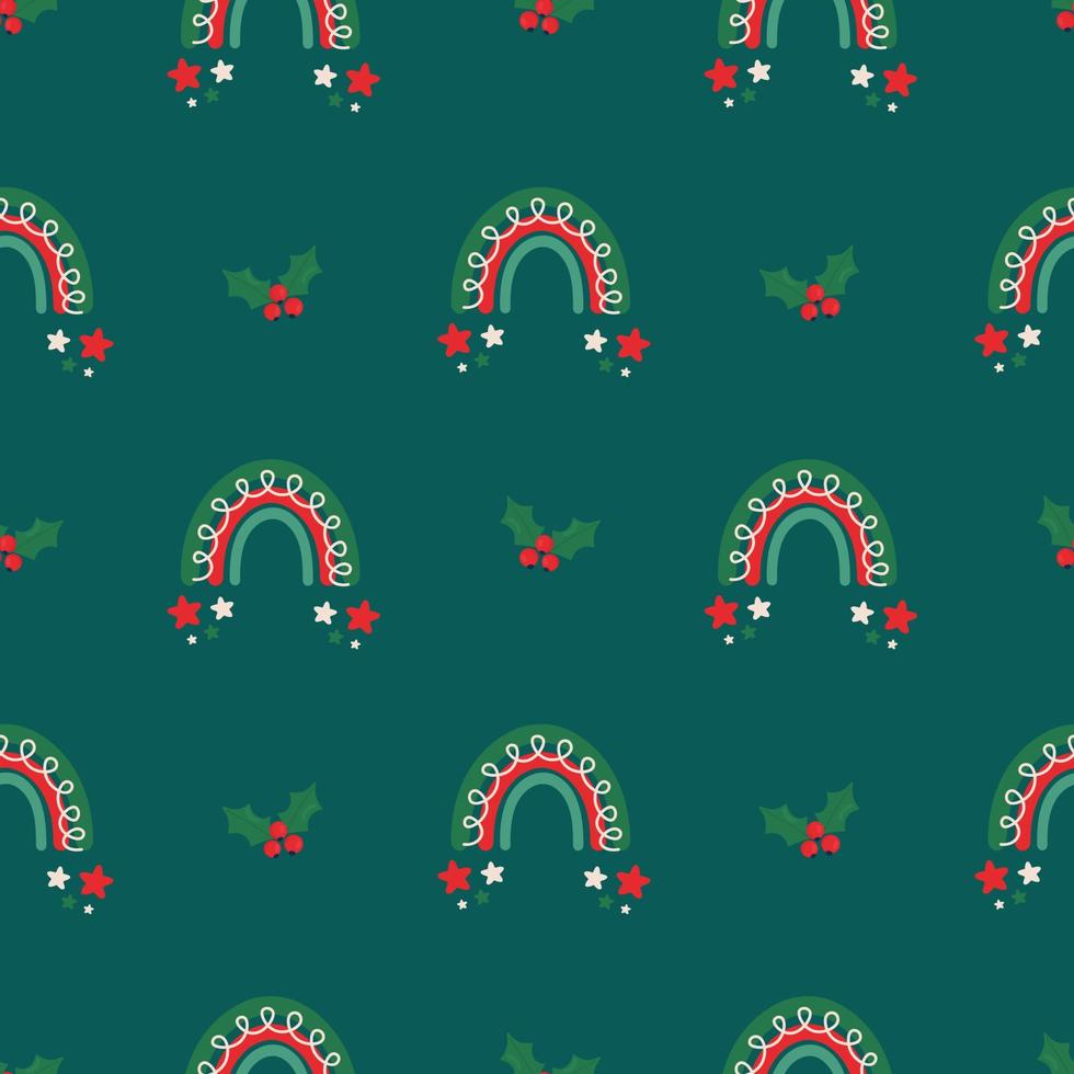 Seamless christmas pattern. Background with rainbow, mistletoe. Perfect for wrapping paper, greeting cards, textile vector