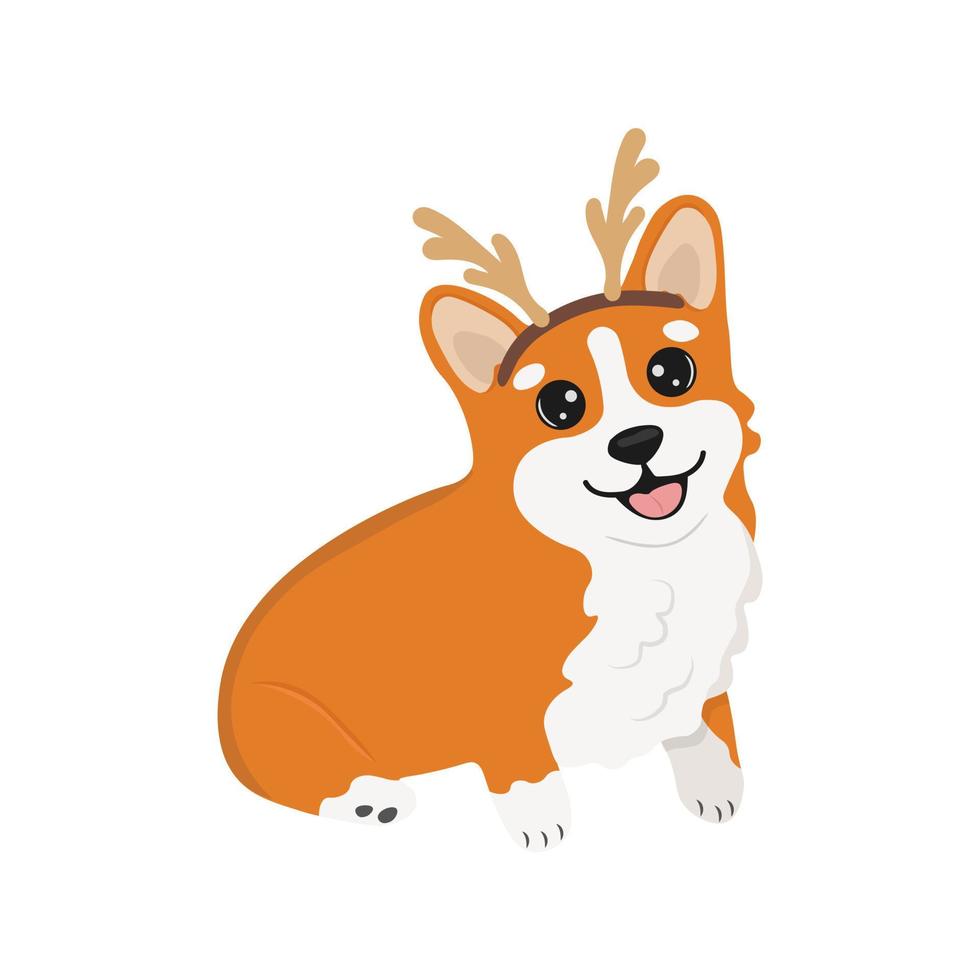 Corgi with deer horns. Corgi dog vector cartoon illustration. Cute friendly welsh corgi puppy, isolated on white background.