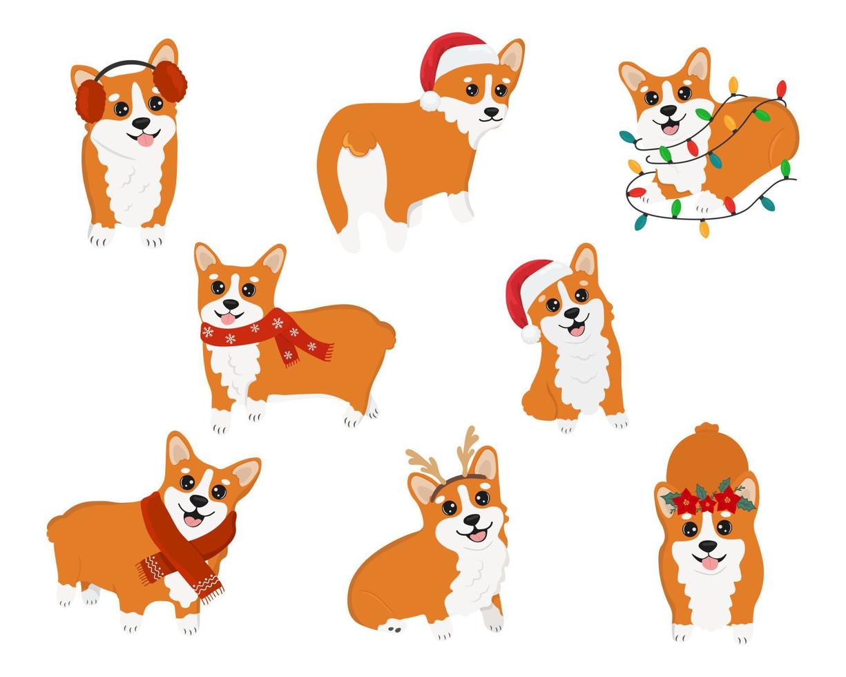 Vector clipart with cute Christmas corgi. Collection of winter dog characters. Illustration for design, decor, print, stickers, posters. Vector illustration isolated on a white background.