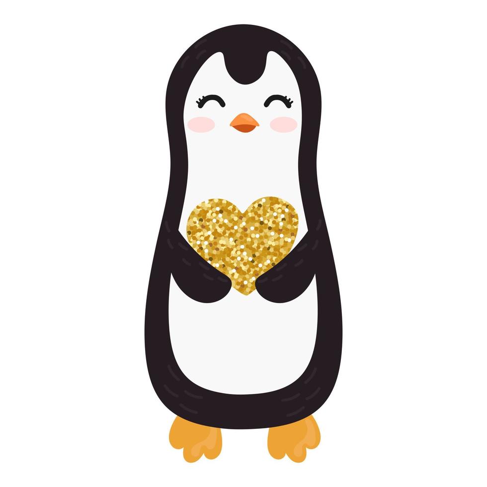 Vector illustration with penguin holding heart with of realistic gold glitter dust. Happy Valentine's day.