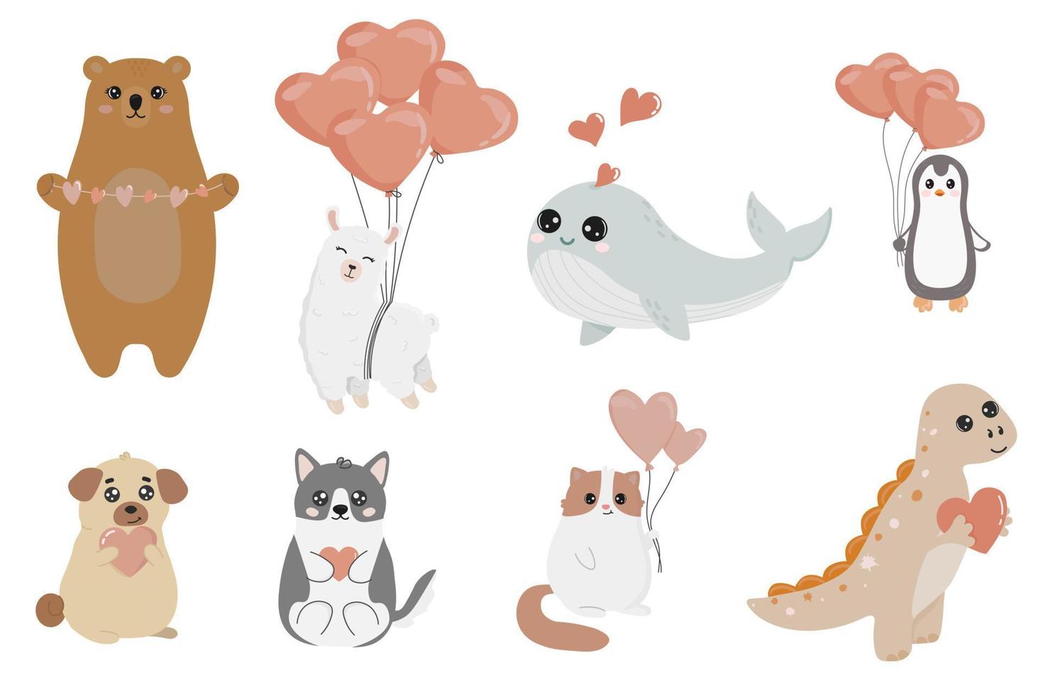 lindos animales divertidos con corazones en estilo boho. Feliz día de San Valentín. objetos aislados sobre fondo blanco. vector