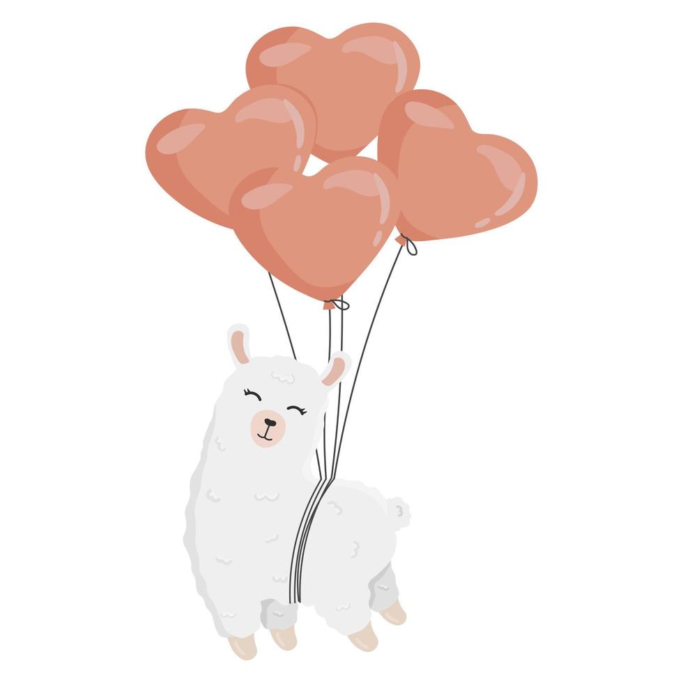 linda alpaca en los globos. feliz tarjeta de felicitación del día de san valentín. ilustración para carteles, tarjetas de felicitación y diseño de temporada. vector