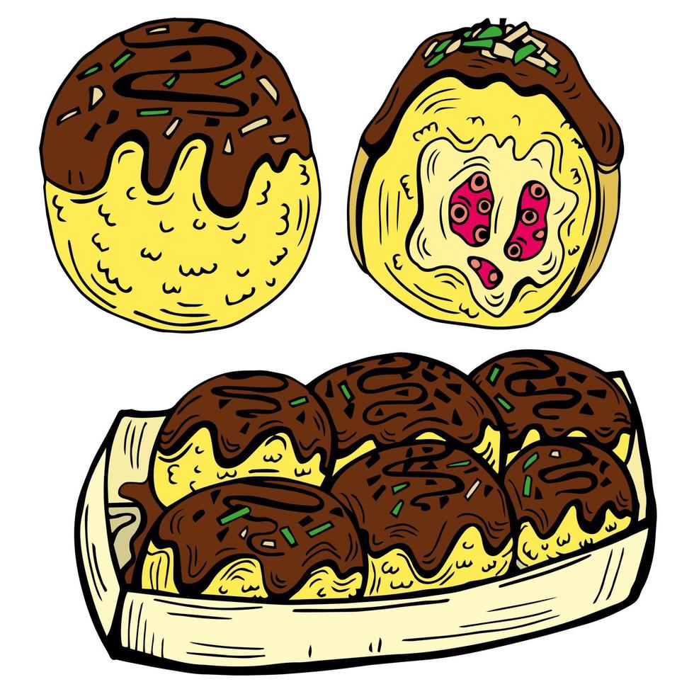 Doodle takoyaki, cartoon vector illustration, traditional japanese food