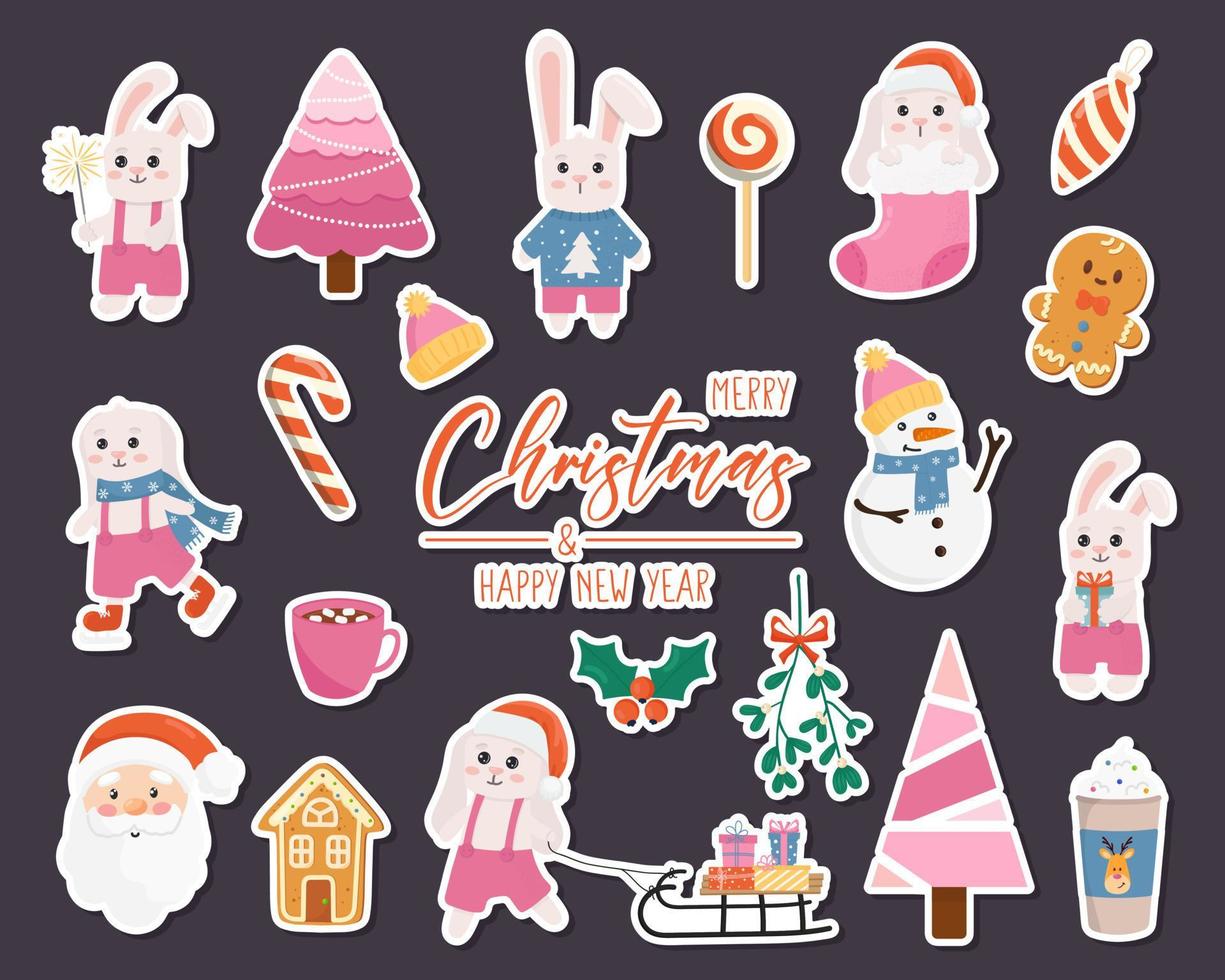 Stickers set with Christmas elements on a dark background. Great for greeting cards, design and more. Merry Christmas and Happy New Year. vector