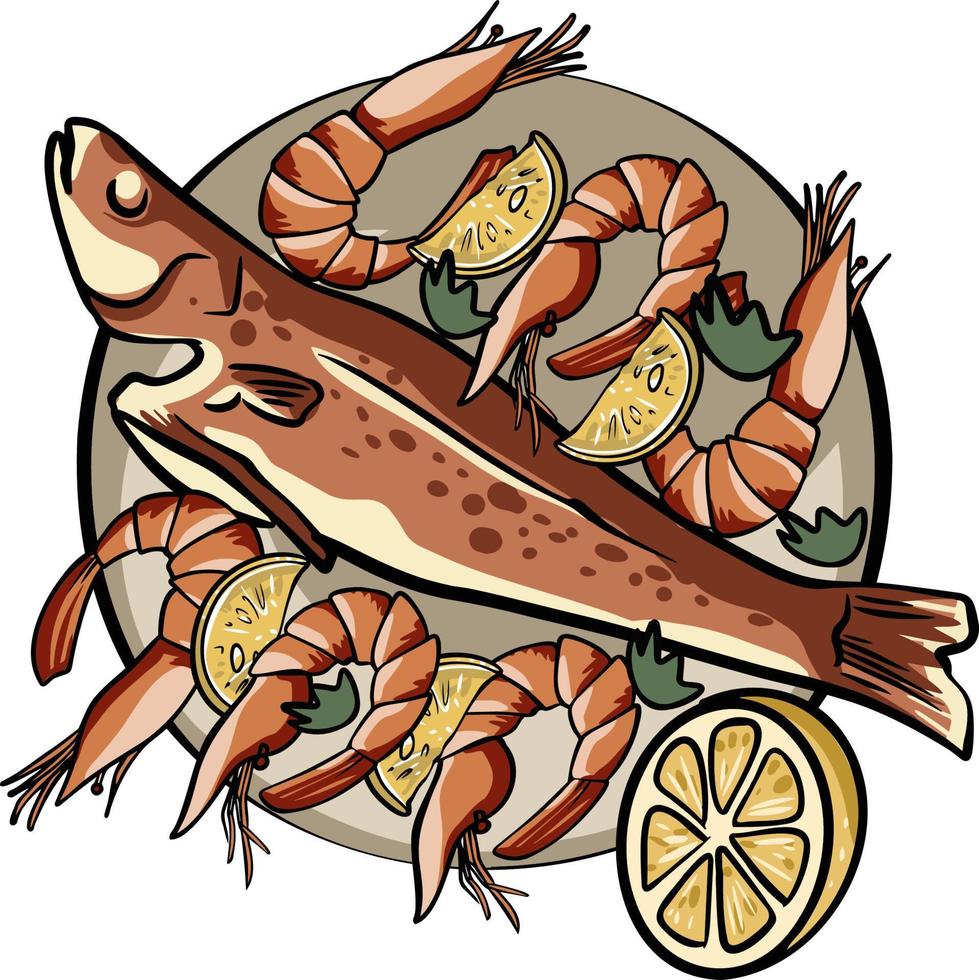 Seafood plate. Grilled fish, shrimp, lemon. Grilled fish with rosemary and  lemon on a plate. Whole fried dorado vector illustration. 19196670 Vector  Art at Vecteezy