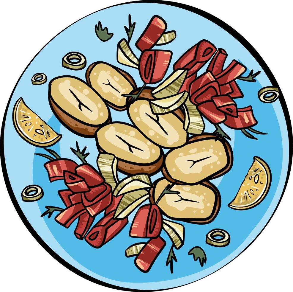 Vegetable plate baked potatoes, sweet peppers, onions, herbs. Healthy food plate concept. Vector flat modern illustration.